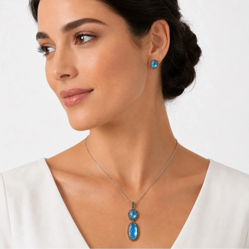 JUDITH JACK Sterling Silver Mother of Pearl Blue Topaz Necklace & Earring Set